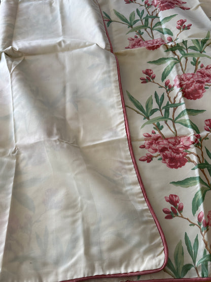Brunschwig & Fil 2 Pillows and Tablecloth Silk Warp Print Raspberry Pink Green on Cream Oleander Flower