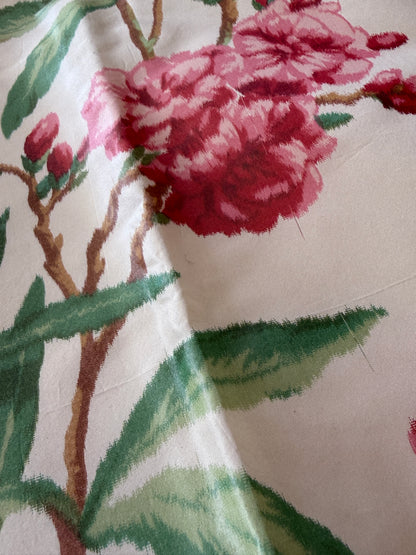 Brunschwig & Fil 2 Pillows and Tablecloth Silk Warp Print Raspberry Pink Green on Cream Oleander Flower