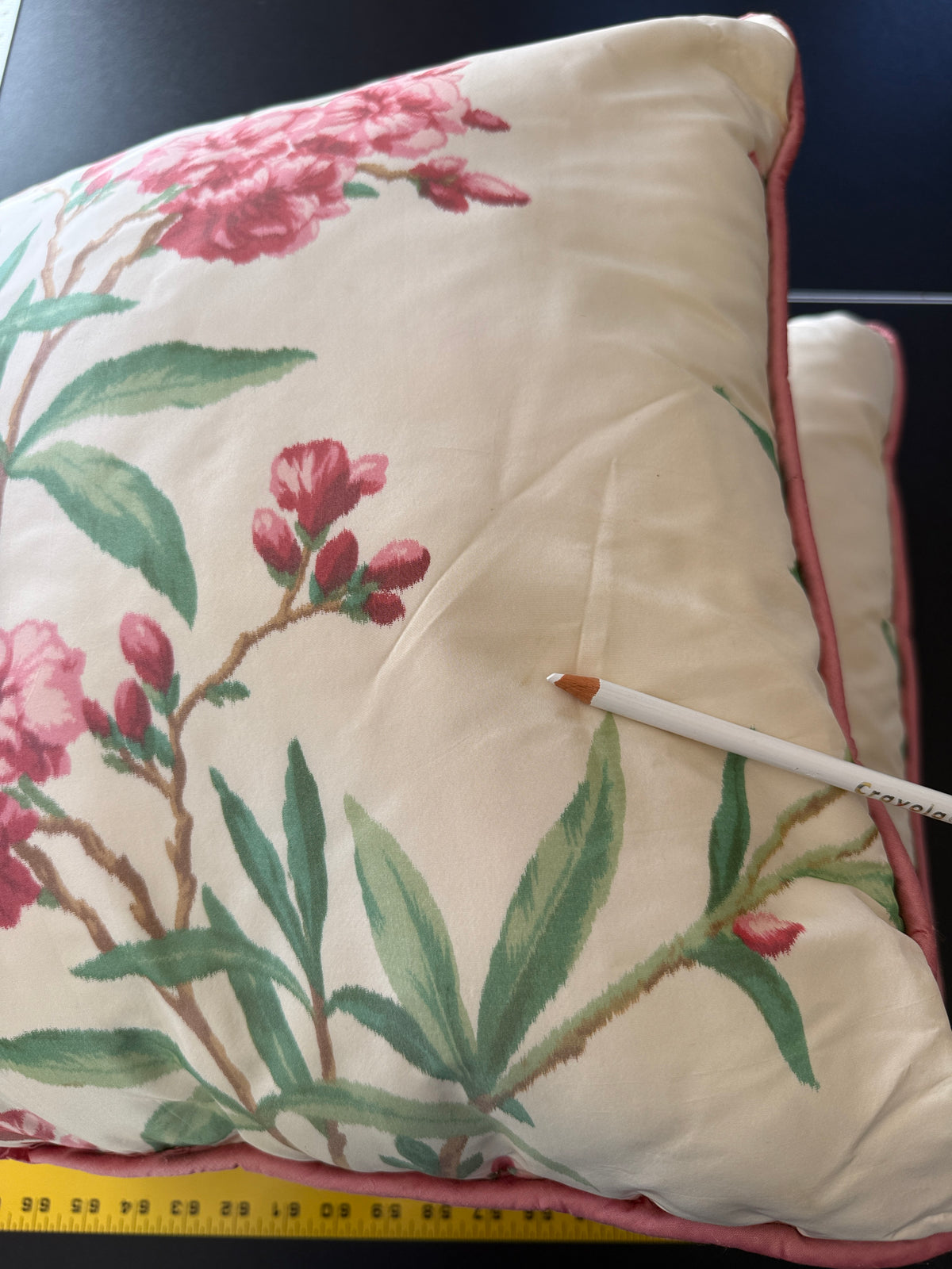 Brunschwig & Fil 2 Pillows and Tablecloth Silk Warp Print Raspberry Pink Green on Cream Oleander Flower