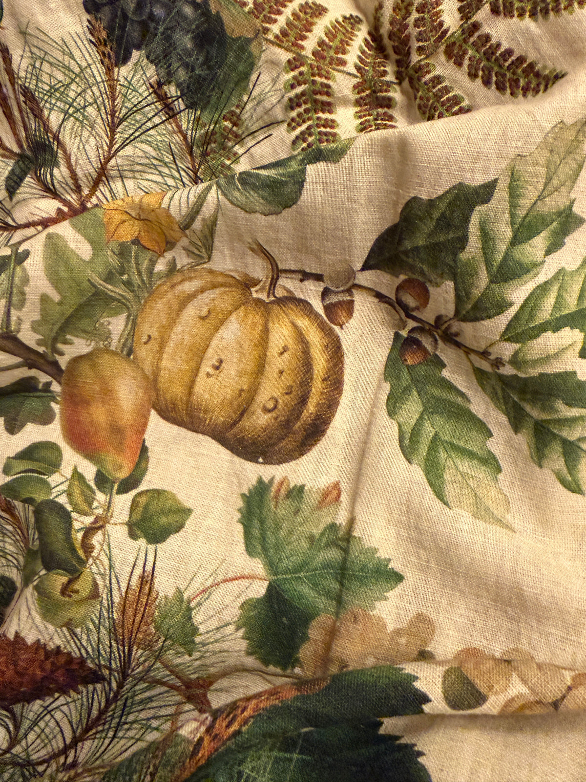 Garnier Thiebaut Table Cloth Mille Delices Boises Naturel Tablecloth, Cotton-Linen Blend, Prewashed large 60x140 inches Grapes Chestnuts Pears Acorn