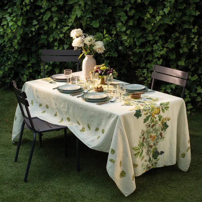 Garnier Thiebaut Table Cloth Mille Delices Boises Naturel Tablecloth, Cotton-Linen Blend, Prewashed large 60x140 inches Grapes Chestnuts Pears Acorn