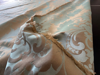 By Yard 100% Silk Damask Aqua Blue Celadon & Taupe Renaissance Dye Stained