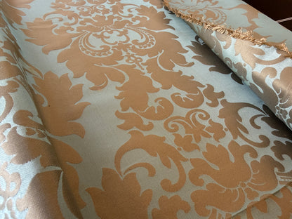 By Yard 100% Silk Damask Aqua Blue Celadon & Taupe Renaissance Dye Stained