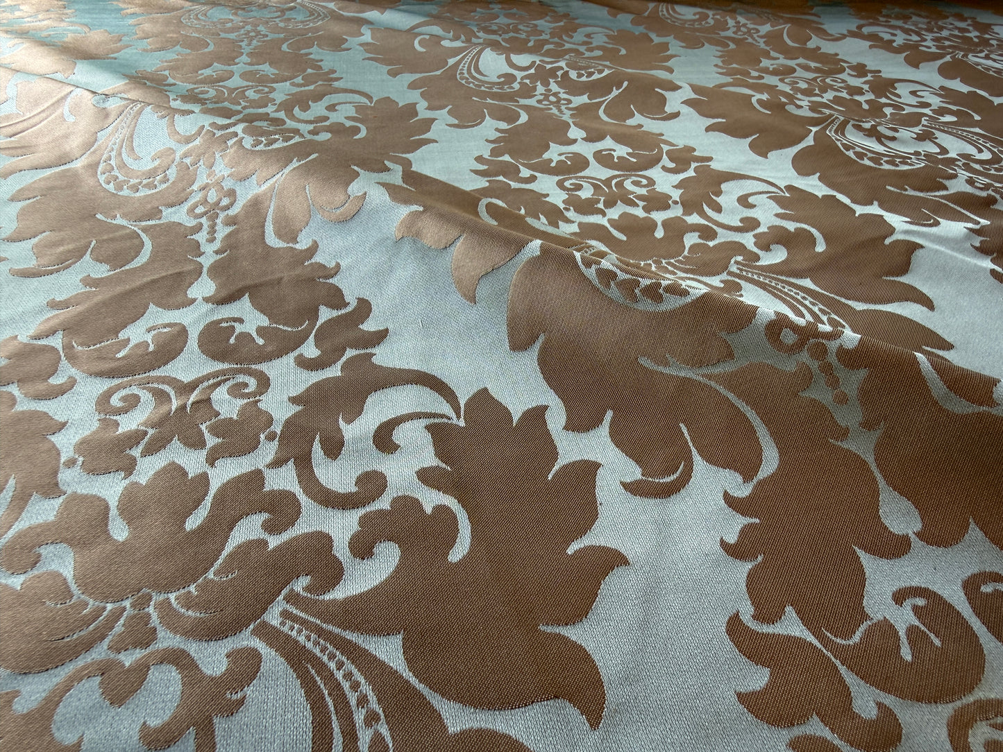 By Yard 100% Silk Damask Aqua Blue Celadon & Taupe Renaissance Dye Stained