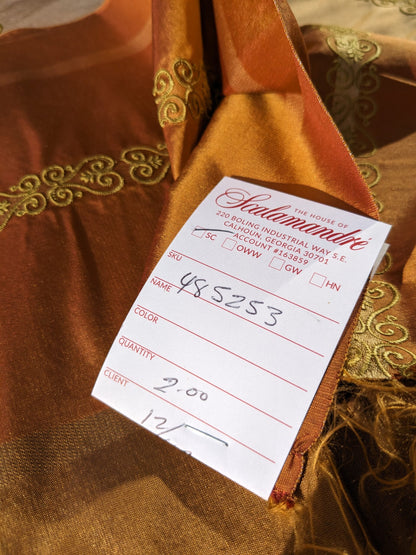Scalamandre Arnett Cognac Brown Gold Silk Taffeta Embroidery Stripe MSRP USD250/y