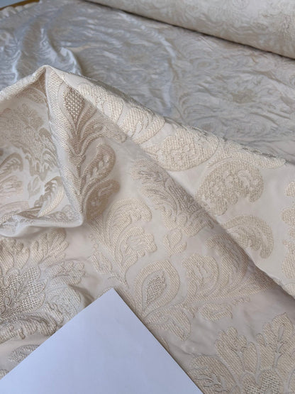 Lovelace Embroidery on Silk Faille Renaissance Damask Cameo Ivory White MSRP USD 413
