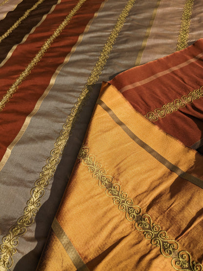 Scalamandre Arnett Cognac Brown Gold Silk Taffeta Embroidery Stripe MSRP USD250/y