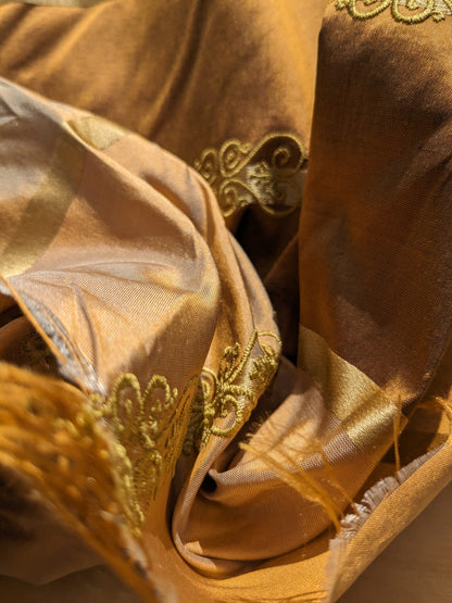 Scalamandre Arnett Cognac Brown Gold Silk Taffeta Embroidery Stripe MSRP USD250/y