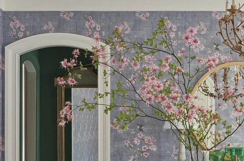 By Yd Scalamandre Knollwood Flower Tree Cherry Blossom Chinoiserie Blue Pewter Silk Print MSRP USD 320/Y