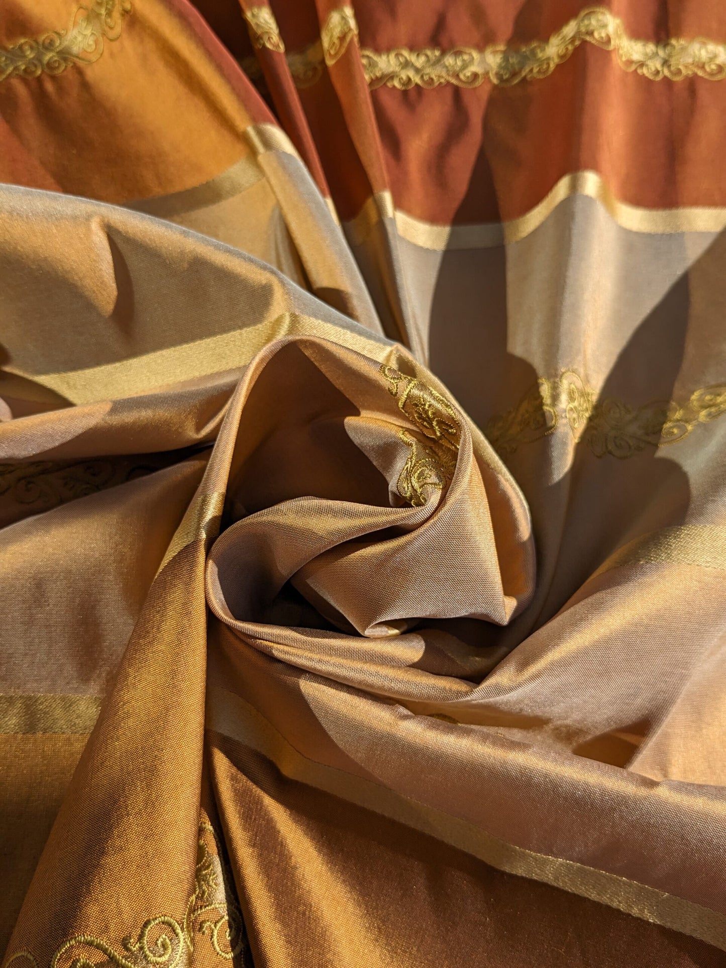 Scalamandre Arnett Cognac Brown Gold Silk Taffeta Embroidery Stripe MSRP USD250/y
