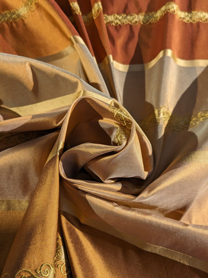 Scalamandre Arnett Cognac Brown Gold Silk Taffeta Embroidery Stripe MSRP USD250/y