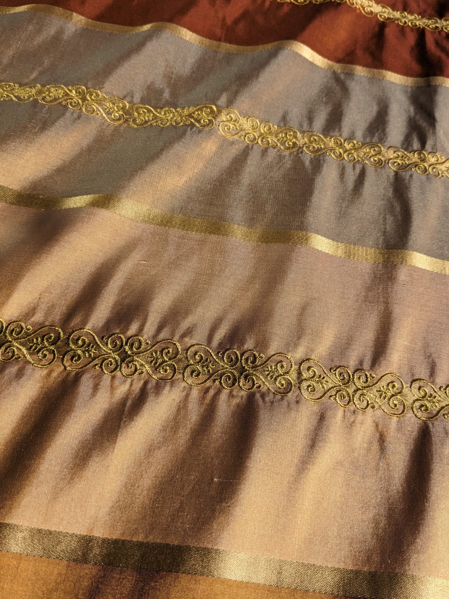 Scalamandre Arnett Cognac Brown Gold Silk Taffeta Embroidery Stripe MSRP USD250/y