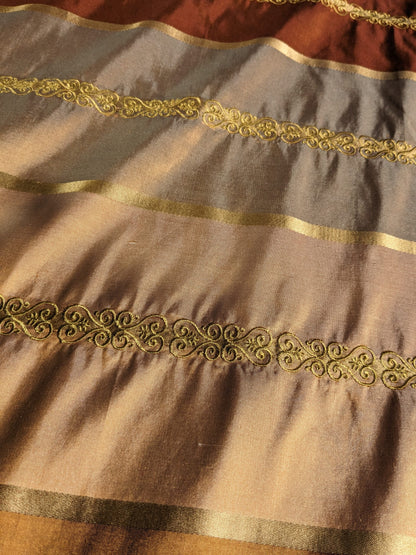 Scalamandre Arnett Cognac Brown Gold Silk Taffeta Embroidery Stripe MSRP USD250/y