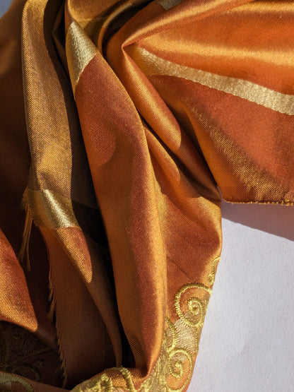 Scalamandre Arnett Cognac Brown Gold Silk Taffeta Embroidery Stripe MSRP USD250/y