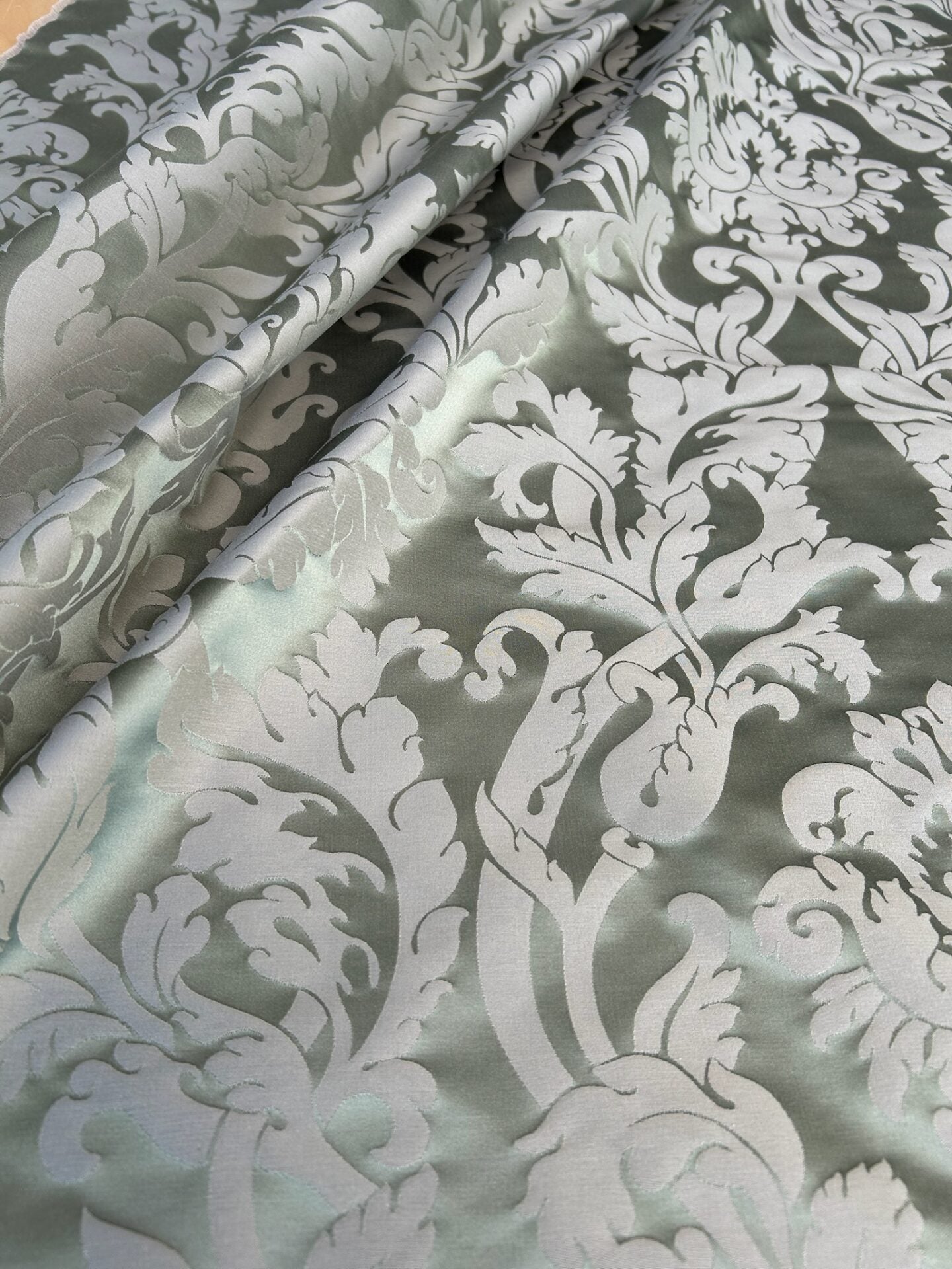 By yard Republica Silk Cotton Damask Renaissance Classy Ice Meadow Green  MSRP USD 500+/yard