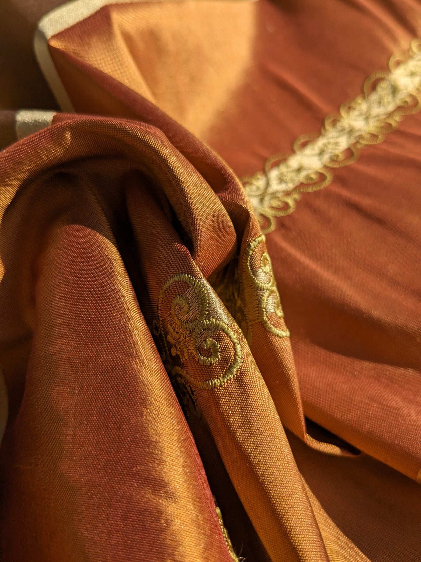 Scalamandre Arnett Cognac Brown Gold Silk Taffeta Embroidery Stripe MSRP USD250/y