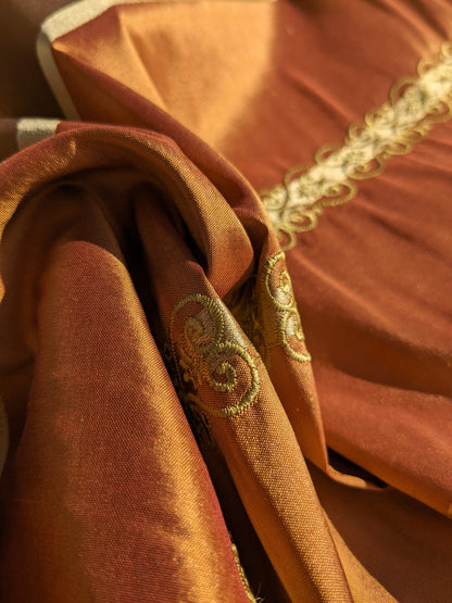 Scalamandre Arnett Cognac Brown Gold Silk Taffeta Embroidery Stripe MSRP USD250/y
