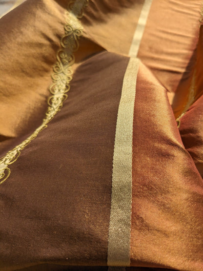 Scalamandre Arnett Cognac Brown Gold Silk Taffeta Embroidery Stripe MSRP USD250/y