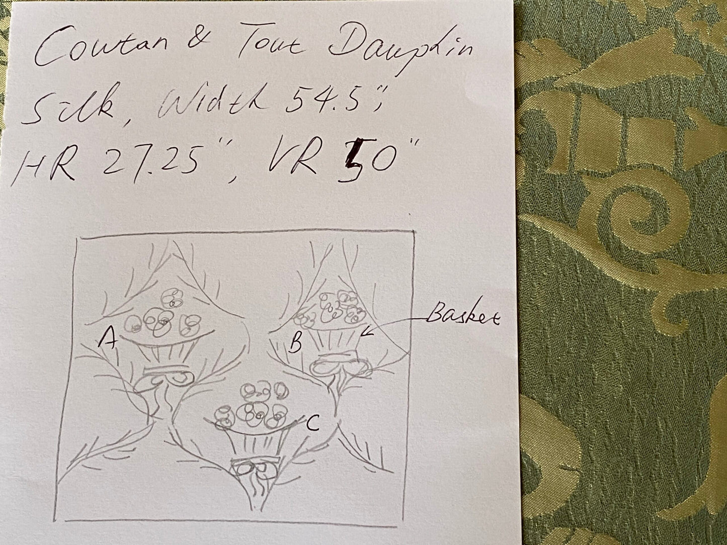 Cowtan &amp; Tout "Dauphin Silk"100% Silk Lampas Baby Green and Ivory Neoclassical Flower Ribbon