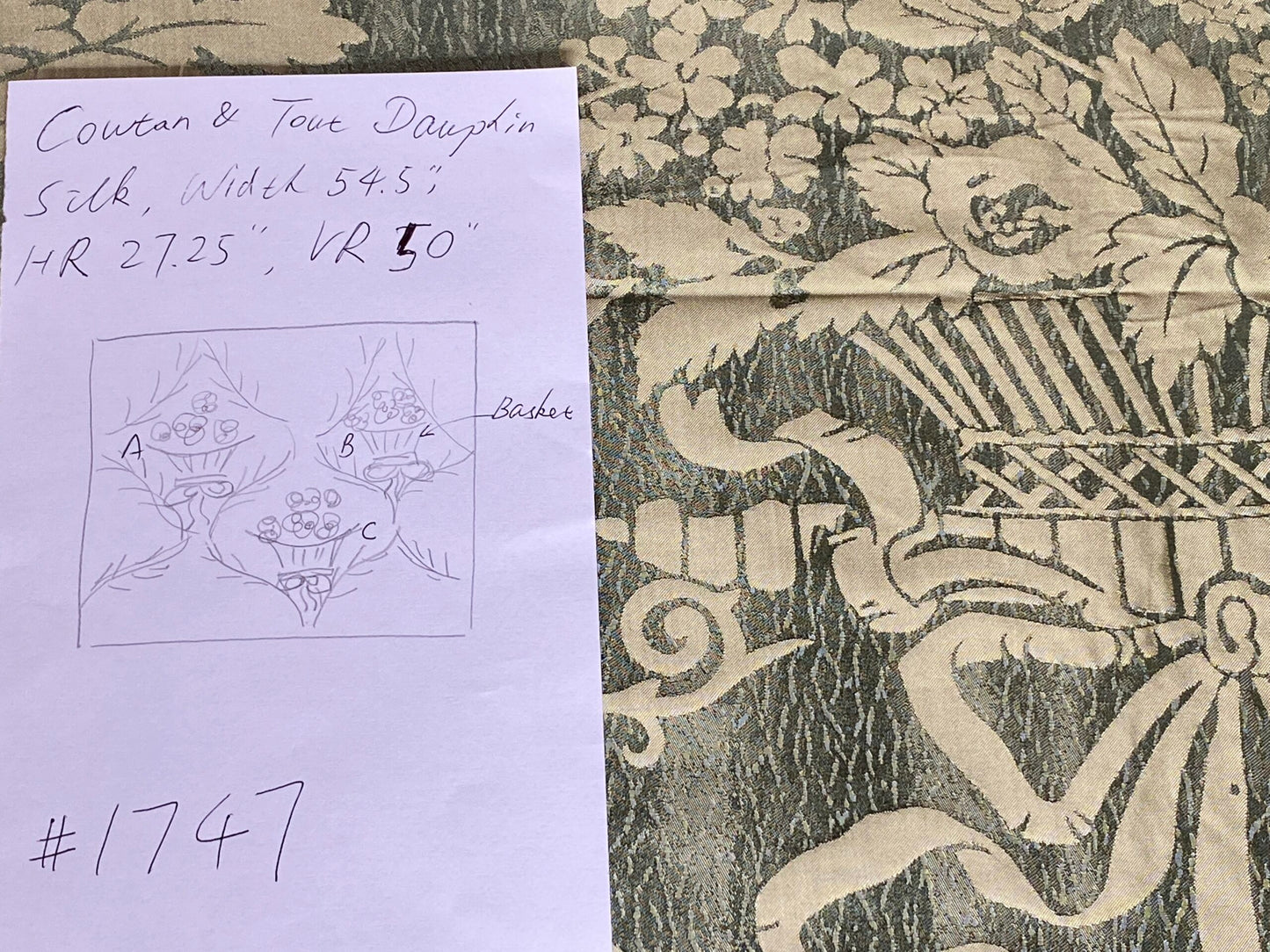 Cowtan &amp; Tout "Dauphin Silk"100% Silk Lampas Baby Green and Ivory Neoclassical Flower Ribbon