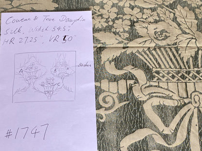 Cowtan &amp; Tout "Dauphin Silk"100% Silk Lampas Baby Green and Ivory Neoclassical Flower Ribbon