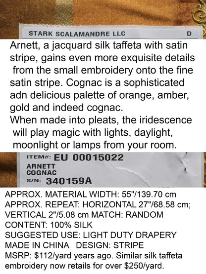 Scalamandre Arnett Cognac Brown Gold Silk Taffeta Embroidery Stripe MSRP USD250/y