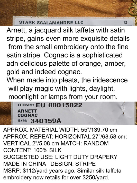 Scalamandre Arnett Cognac Brown Gold Silk Taffeta Embroidery Stripe MSRP USD250/y