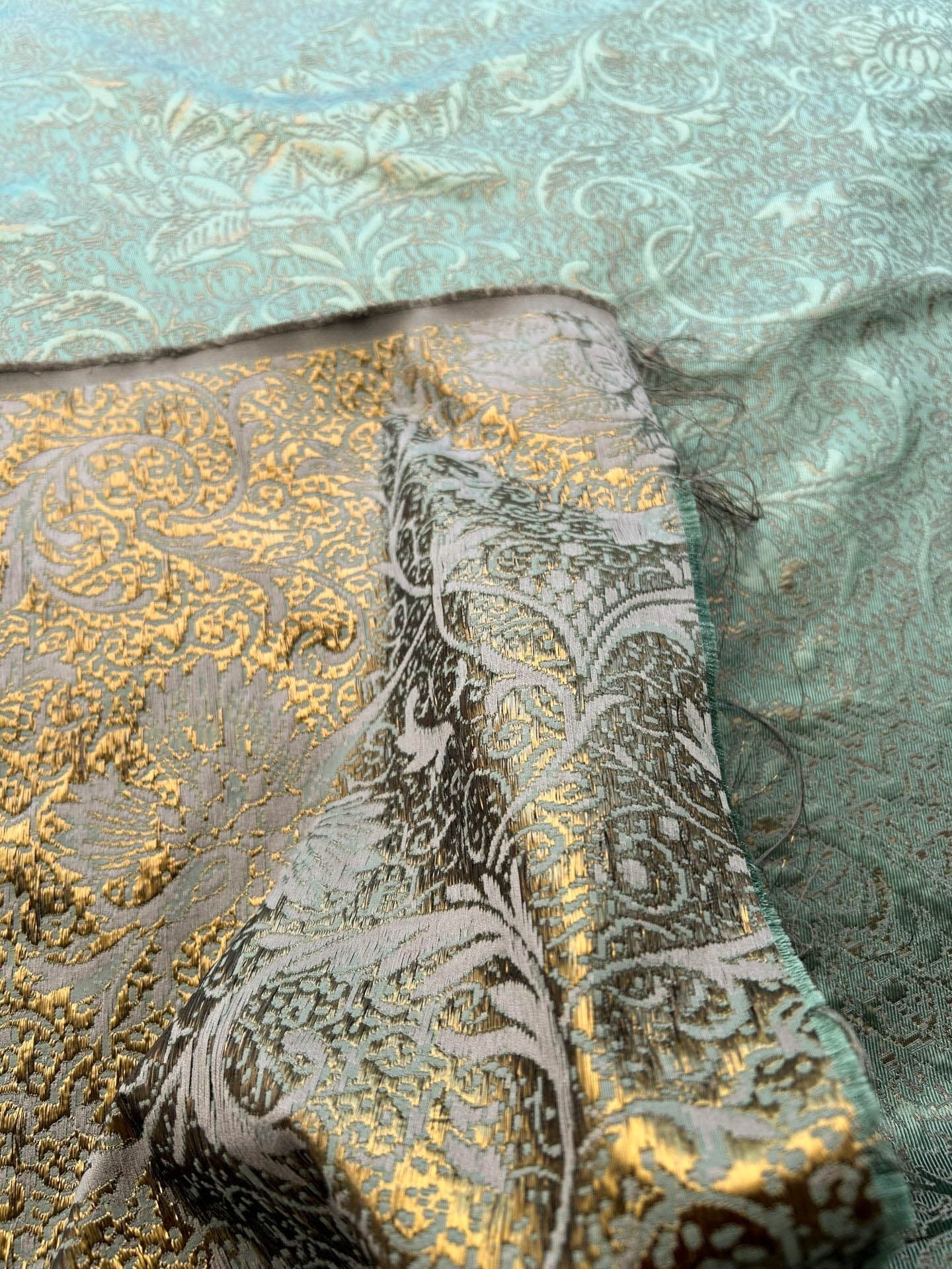 By yard Boboli Garden Silk Damask Italian Deep Teal Blue Green Gold Metallic MSRP USD 568/yard