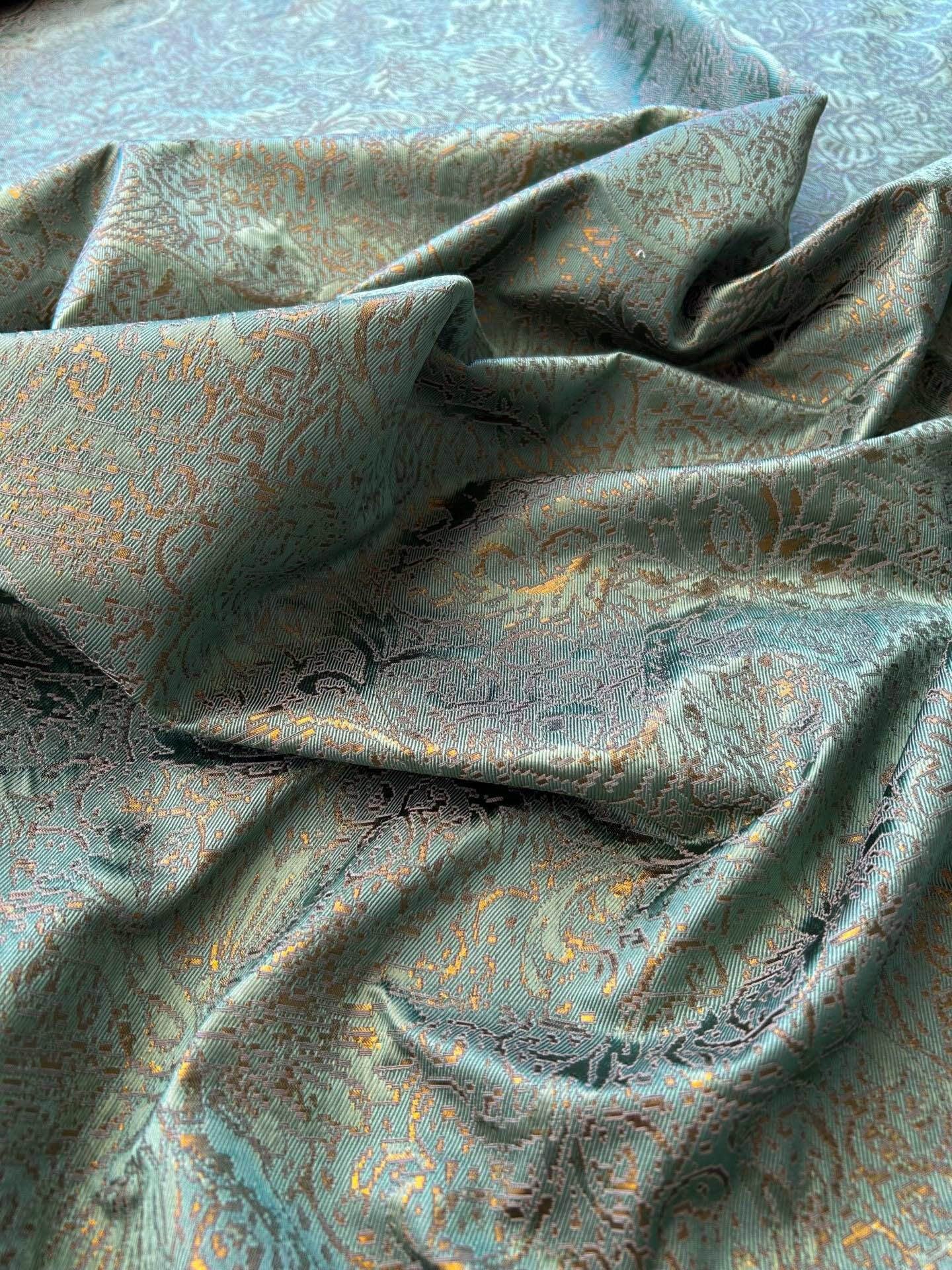 By yard Boboli Garden Silk Damask Italian Deep Teal Blue Green Gold Metallic MSRP USD 568/yard