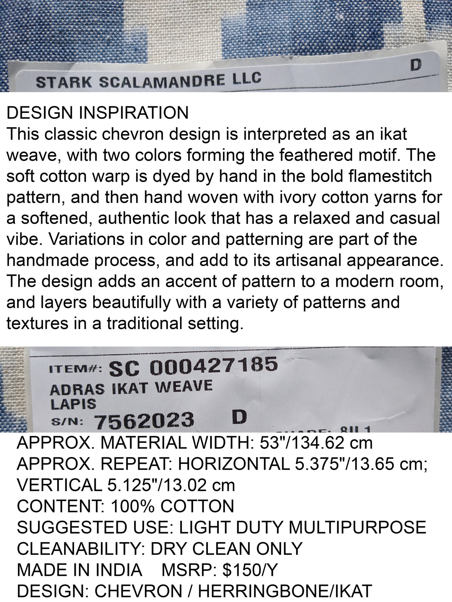 Scalamandre Adras Ikat Weave Lapis Blue White Cotton Chevron Herringbone MSRP USD150/y