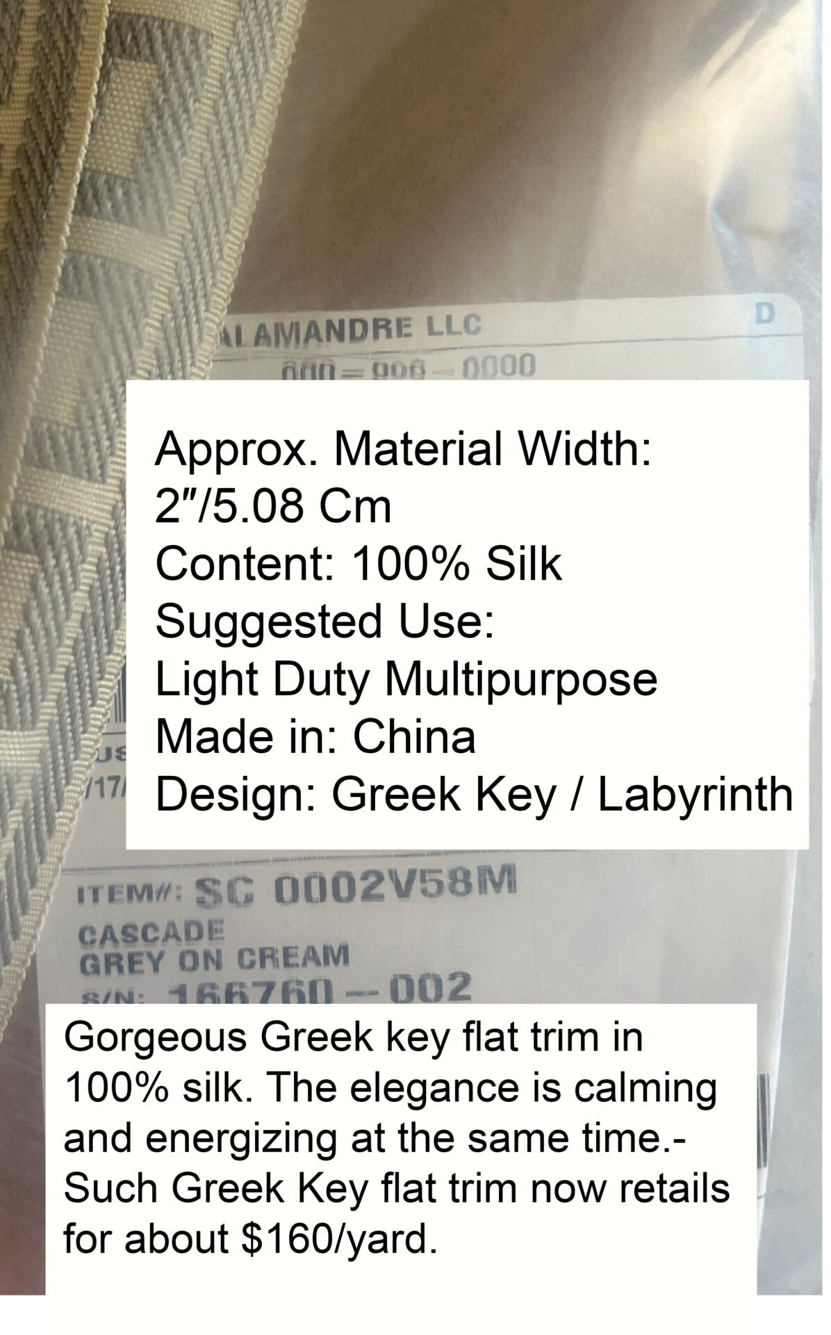 Scalamandre Trim Cascade Gray on Cream  gimps braids 100% Silk Greek key Geometric MSRP USD90/y