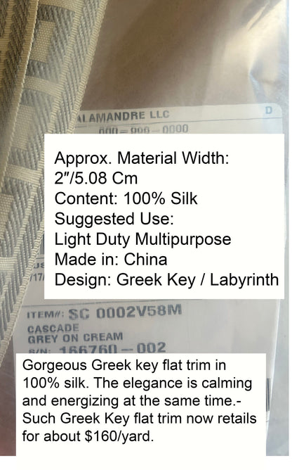 Scalamandre Trim Cascade Gray on Cream  gimps braids 100% Silk Greek key Geometric MSRP USD90/y