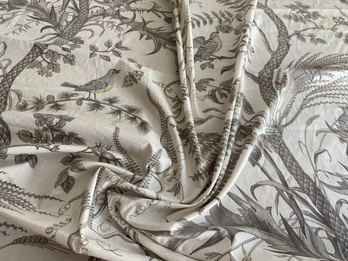 Brunschwig &amp; Fils Bird &amp; Thistle Print Grey on Pale cream