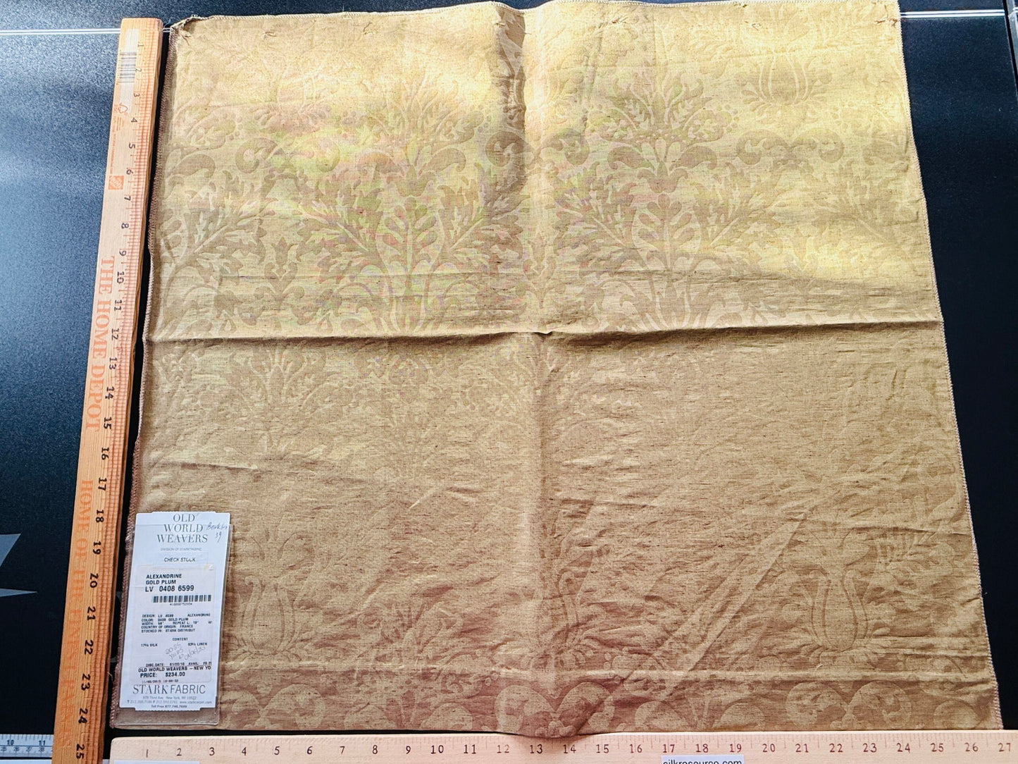 14 Berkbox39 Scalamandre Silk linen damask Alexandrine Gold Plum Red