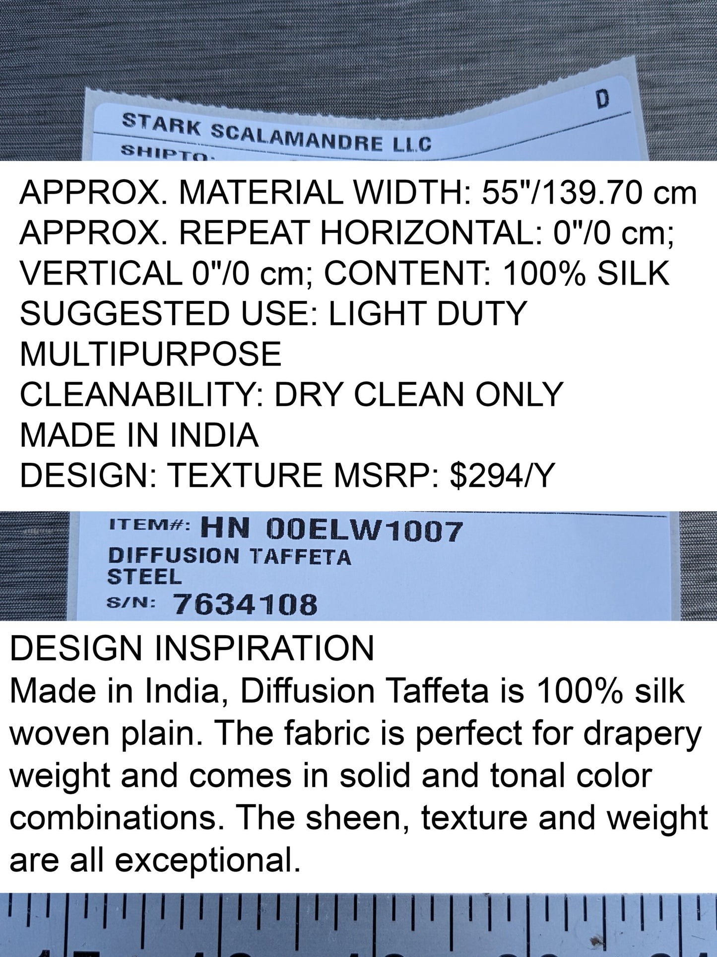 Scalamandre Diffusion Taffeta Steel Silver Grey Iridescent Silk Taffeta Texture MSRP USD294/y