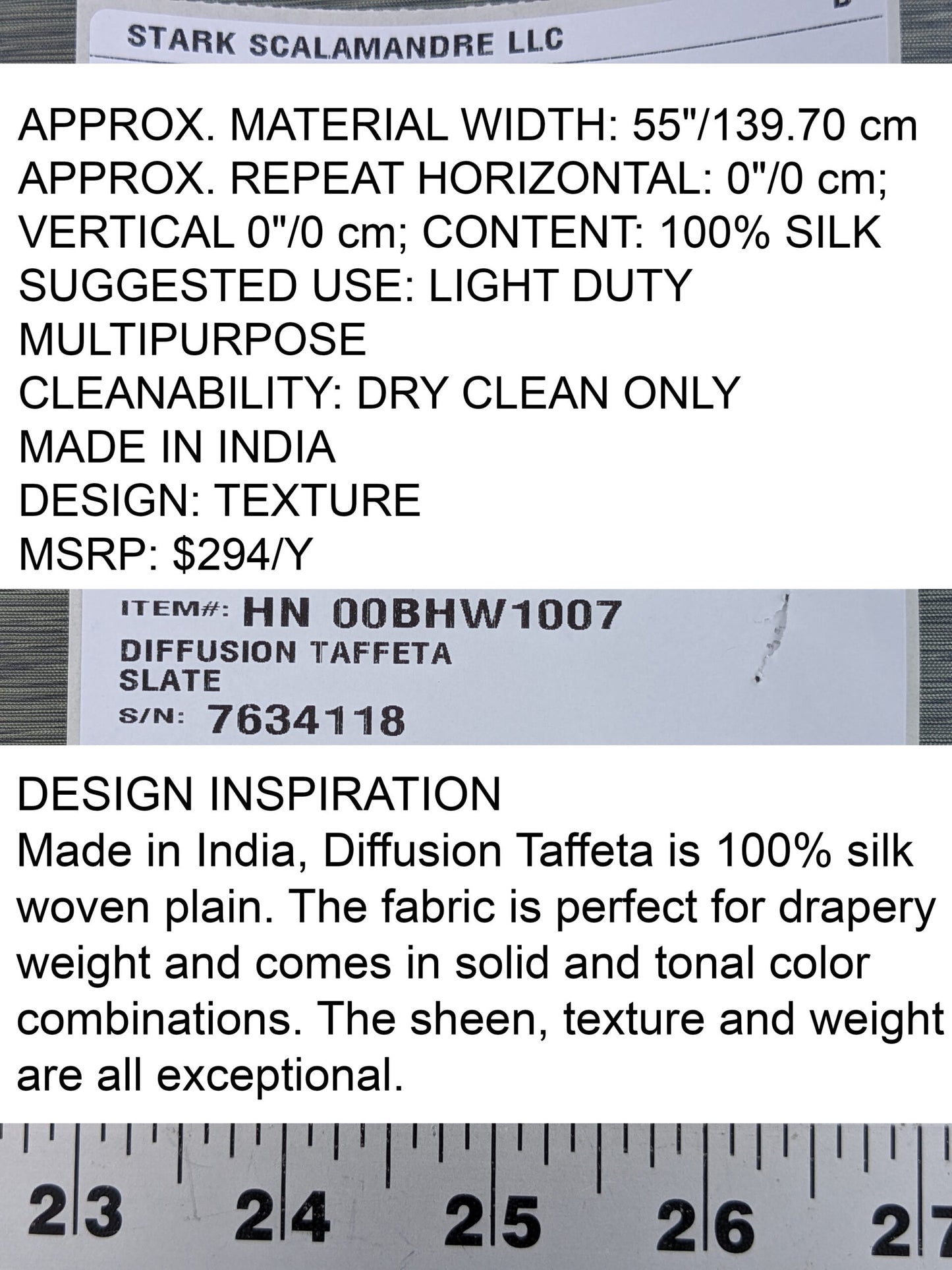 Scalamandre Diffusion Taffeta Slate Grey Iridescent Silk Taffeta Texture MSRP USD294/y