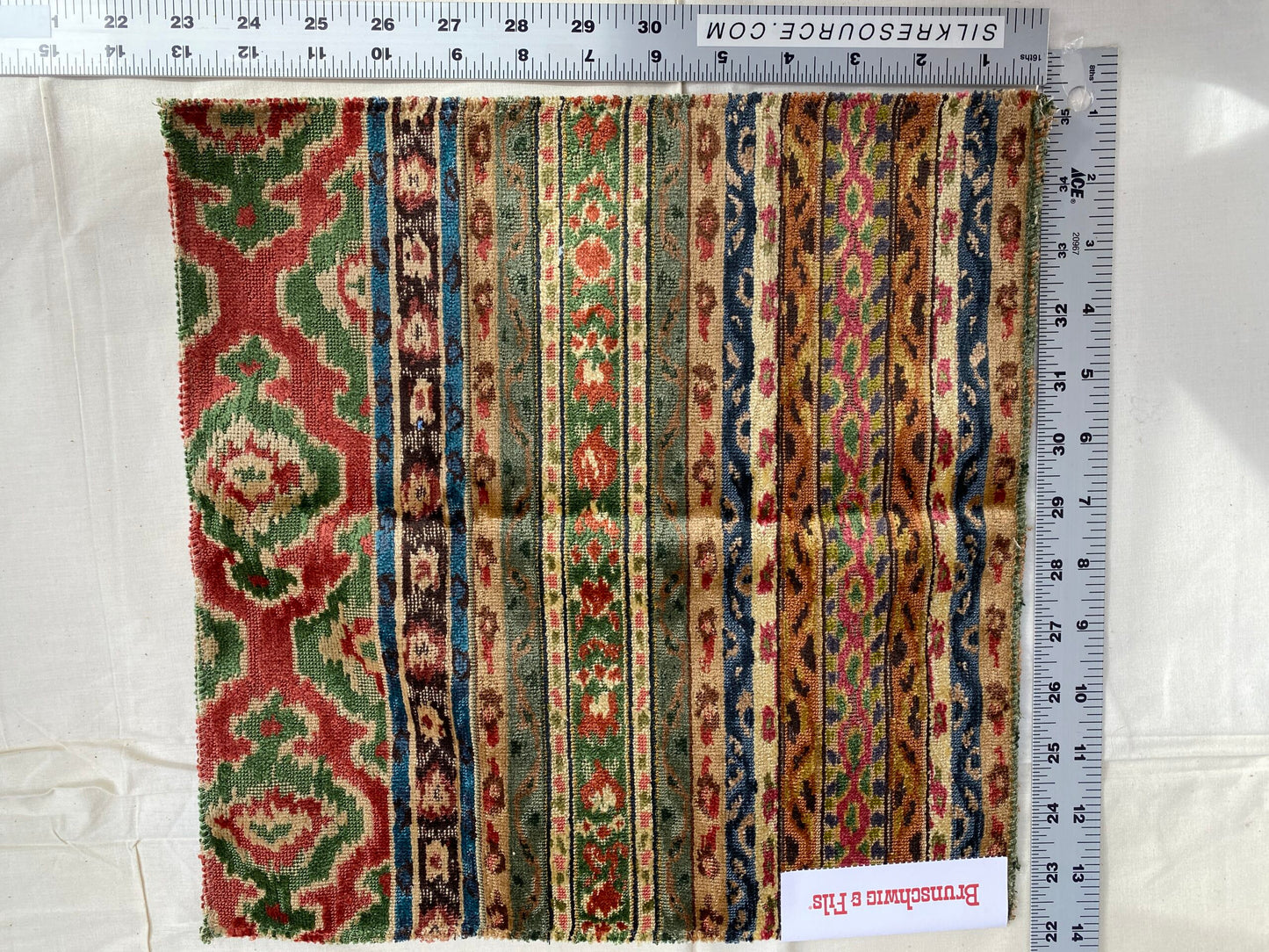Brunschwig &amp; Fils Savonnerie Velvet Moss and Terracotta Stripe Ethnic MSRP USD850/y