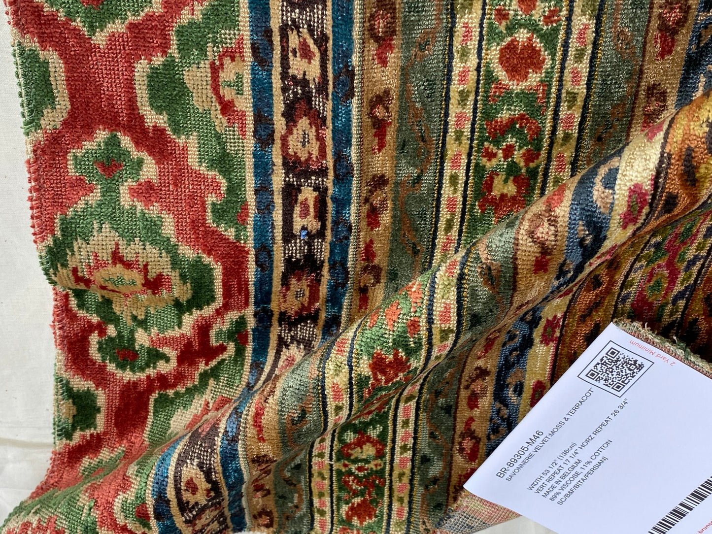 Brunschwig &amp; Fils Savonnerie Velvet Moss and Terracotta Stripe Ethnic MSRP USD850/y