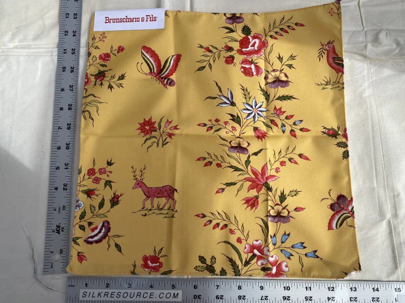 Brunschwig &amp; Fils  Aurel Print Gold Red Cotton Botanical Animals and Birds Print  - Special Order