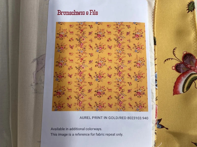 Brunschwig &amp; Fils  Aurel Print Gold Red Cotton Botanical Animals and Birds Print  - Special Order