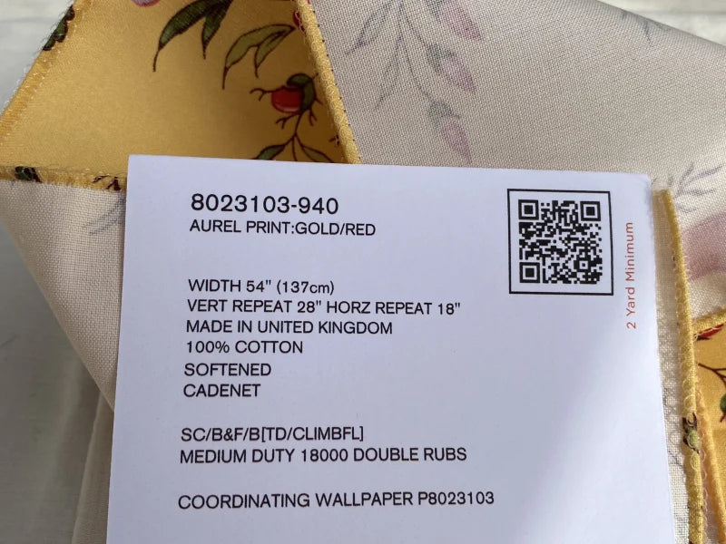 Brunschwig &amp; Fils  Aurel Print Gold Red Cotton Botanical Animals and Birds Print  - Special Order