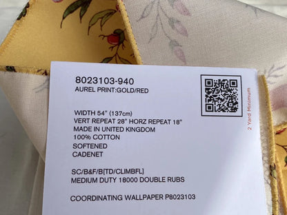 Brunschwig &amp; Fils  Aurel Print Gold Red Cotton Botanical Animals and Birds Print  - Special Order