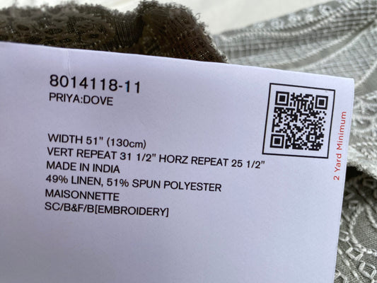 Brunschwig &amp; Fils Priya Dove Gray Embroidery Large Pattern MSRP USD350/y