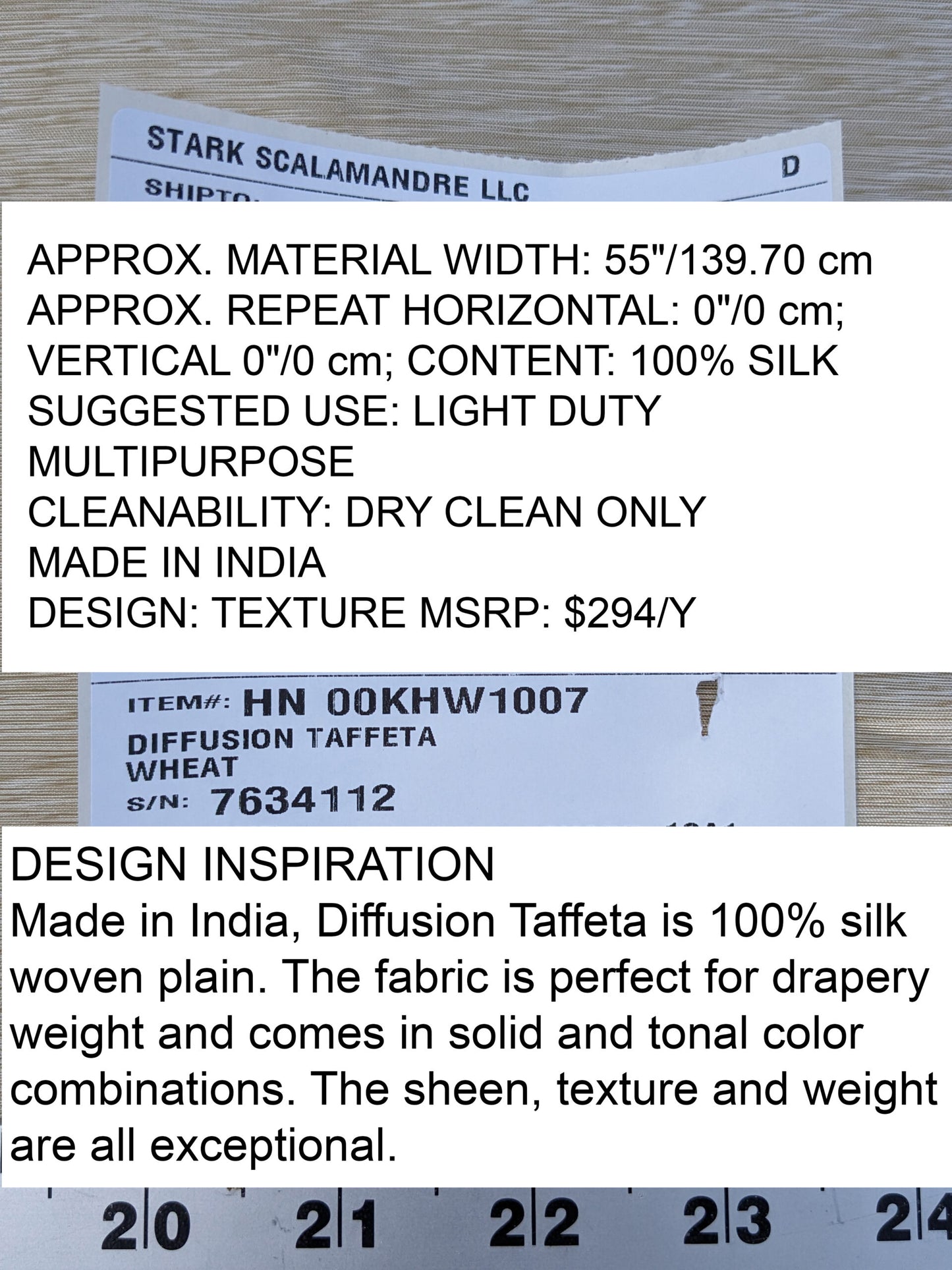 Scalamandre Diffusion Taffeta Wheat Beige Iridescent Silk Taffeta Texture MSRP USD294/y