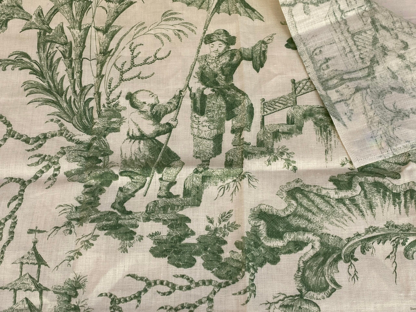 EV23 Scalamandre Fine English Linen Pillement Toile Moss Green in a Oriental Design 1yard x 25 inches