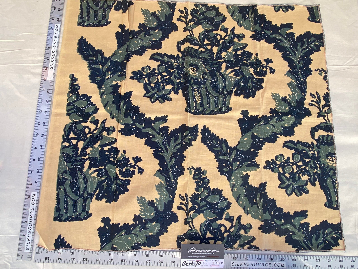 17 Berkbox70 Scalamandre Medallion Botanical Foliage Green Navy Blue Block Print on Beige Square