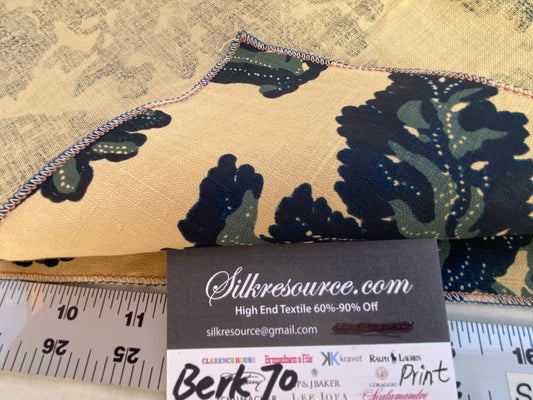 17 Berkbox70 Scalamandre Medallion Botanical Foliage Green Navy Blue Block Print on Beige Square