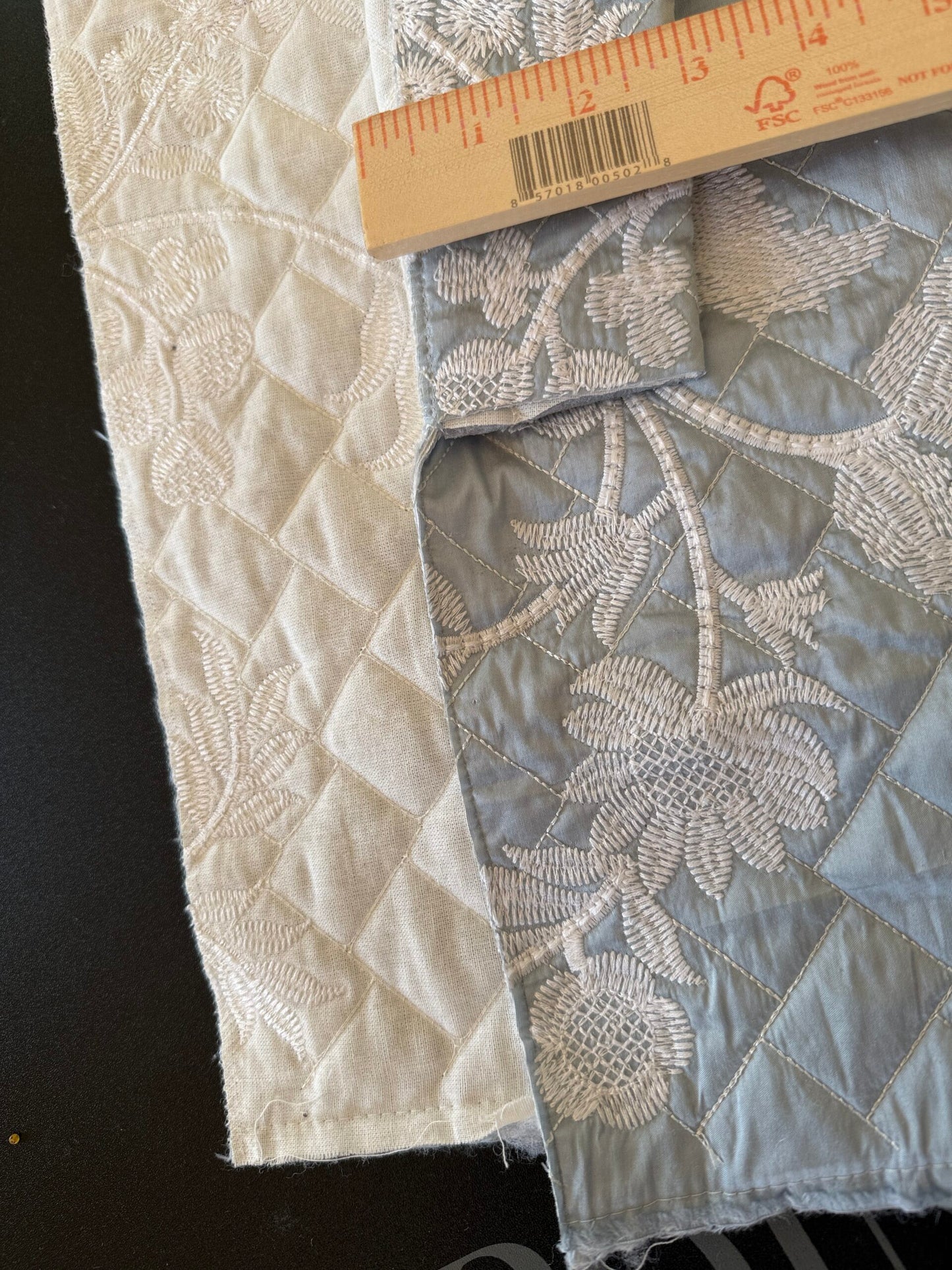 2.3y Scalamandre Lisetta Powder Blue Silk Embroidery Matelasse Quilted Blanket Bedcover White Crewel Flower Blue MSRP USD 478/Y