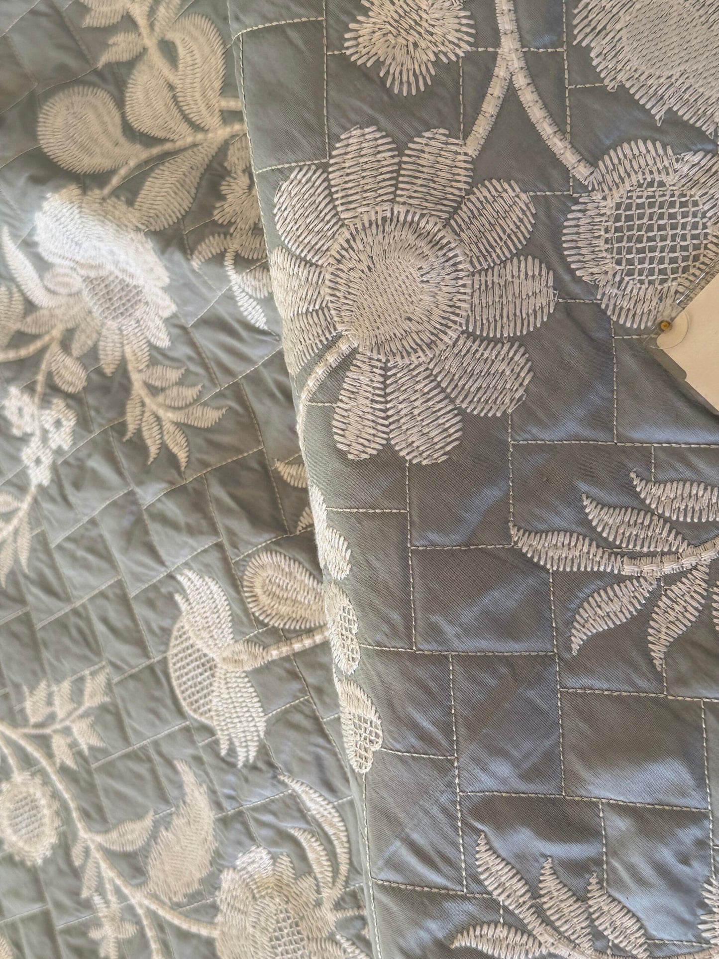 2.3y Scalamandre Lisetta Powder Blue Silk Embroidery Matelasse Quilted Blanket Bedcover White Crewel Flower Blue MSRP USD 478/Y