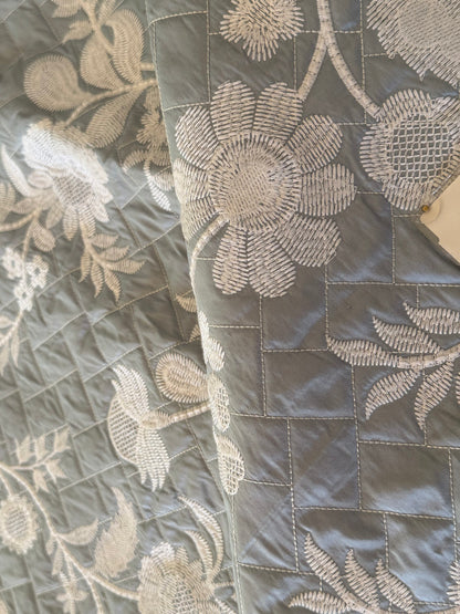 2.3y Scalamandre Lisetta Powder Blue Silk Embroidery Matelasse Quilted Blanket Bedcover White Crewel Flower Blue MSRP USD 478/Y